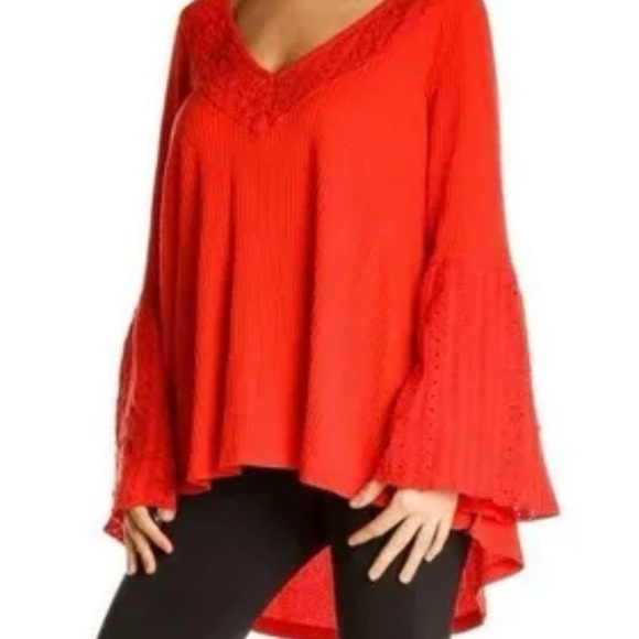 Free People Red wide cuff boho bell sleeve oversized v-neck blouse - Picture 1 of 8